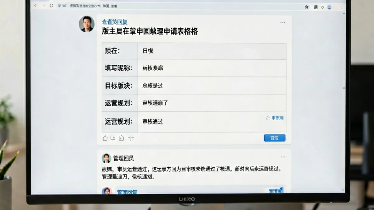 论坛版主申请帖示意图，展示申请者填写个人规划与活跃记录，下方有超管回复通过的截图样例