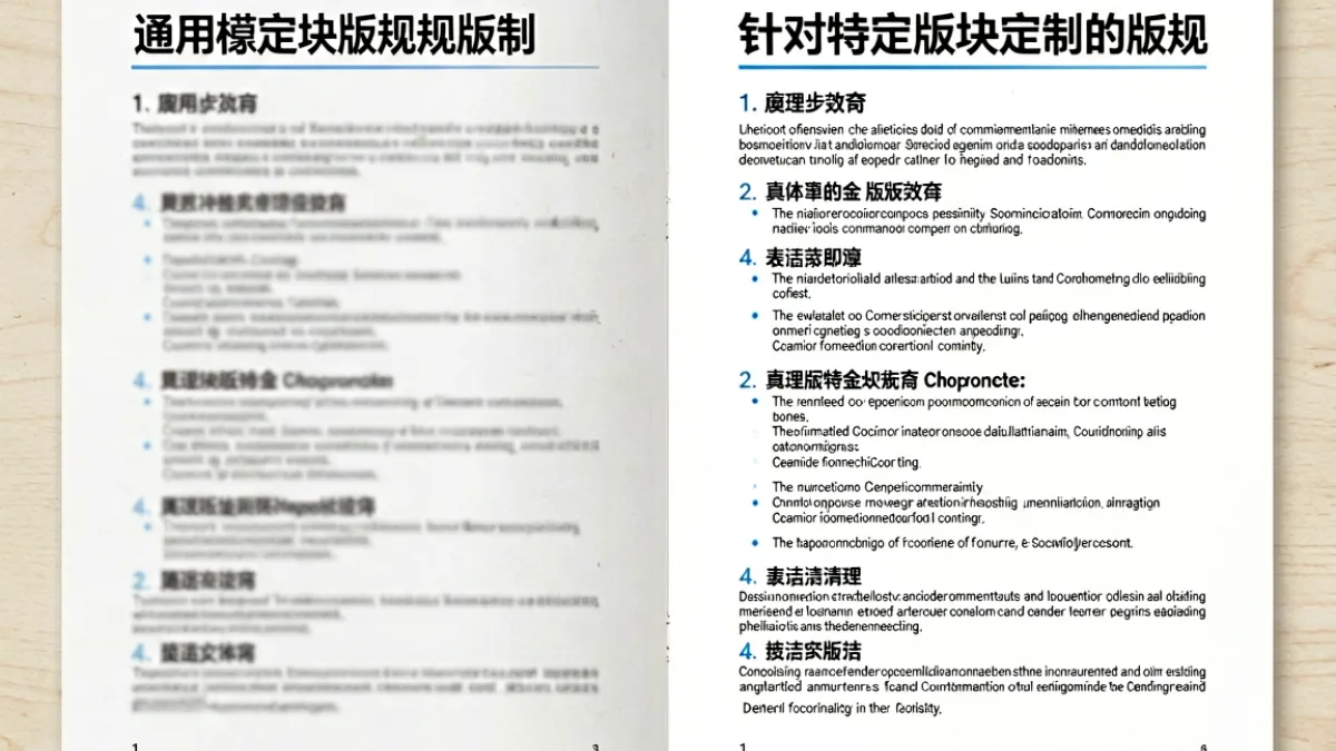 第一版主 - 论坛版规设计对比示意图，左侧是模板复制的空洞版规，右侧是针对本版特点撰写的精细化版规文本